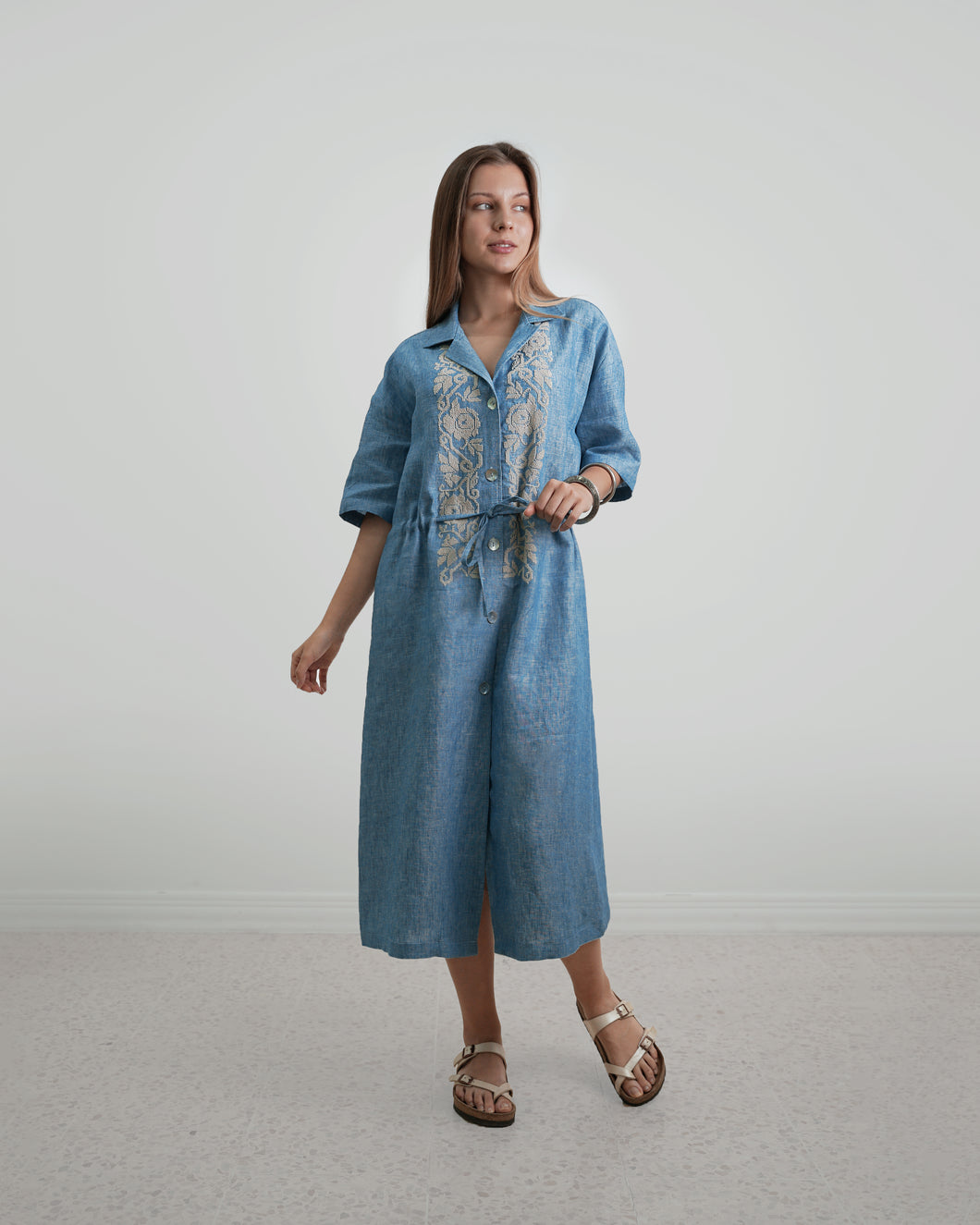 JOD 206.00 Juri Dress Linen Pearl - {HEBRON}